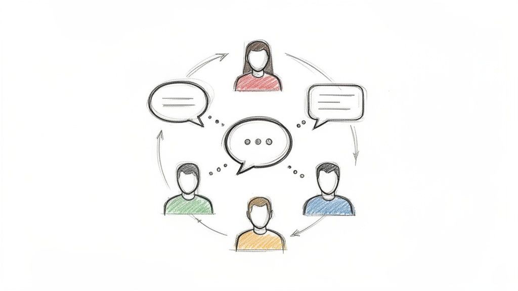 Hand-drawn sketch of four people communicating in a circular flow with speech bubbles, representing discussion.