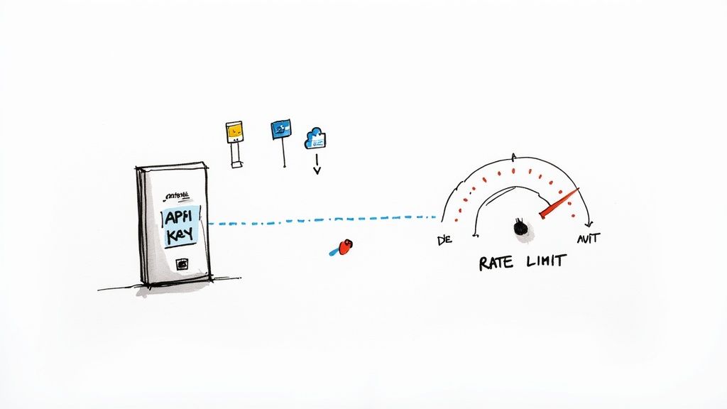 Illustration of API key authorization influencing a rate limit meter with the needle in the red.