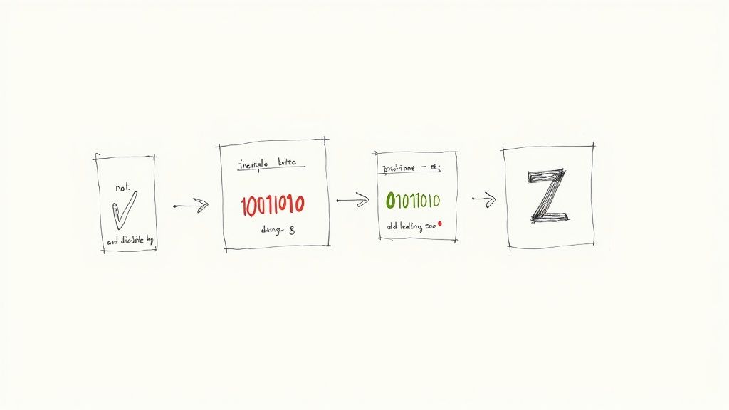 A whiteboard illustration shows binary code transforming into the letter Z through logical operations.