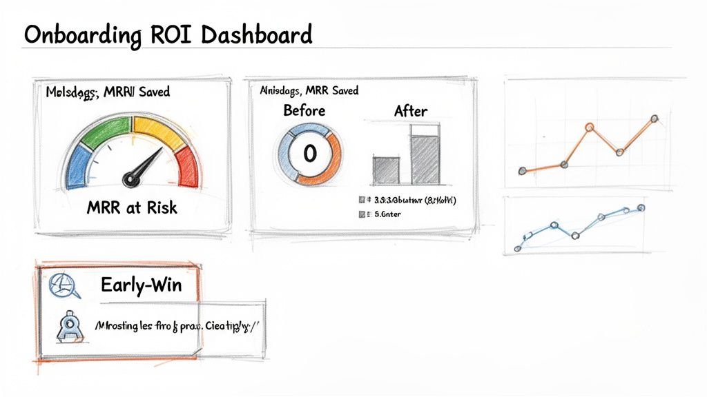 A sketched 'Onboarding ROI Dashboard' featuring MRR risk gauge, MRR saved charts, and trend graphs.