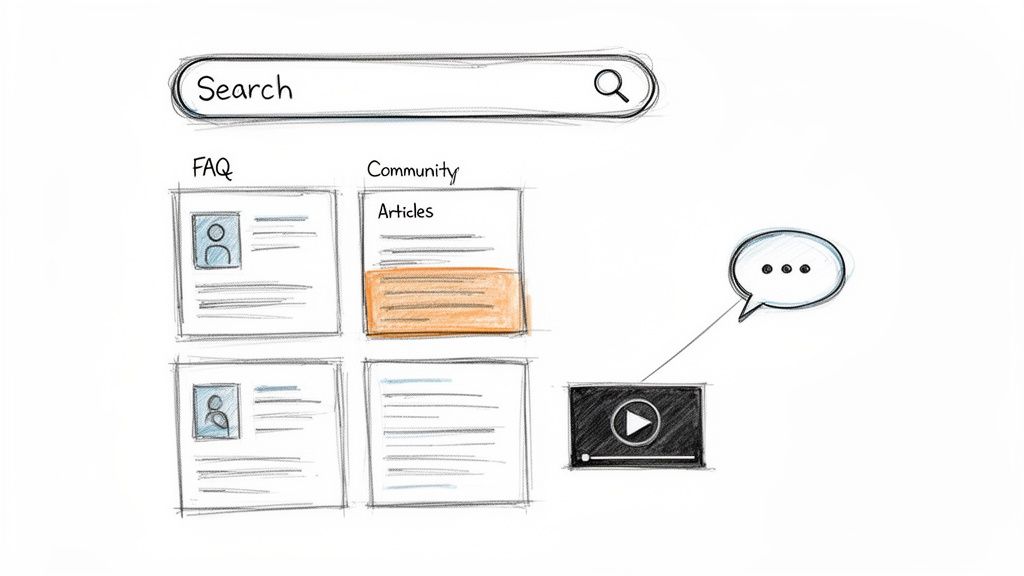 Hand-drawn UI sketch depicting a search bar, FAQs, articles, and a video with a chat bubble.