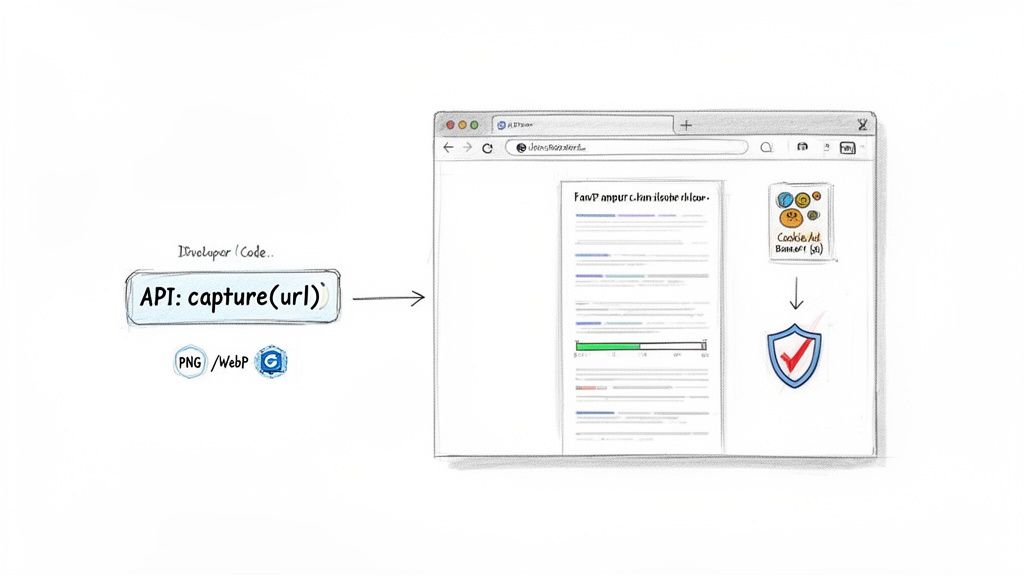 Diagram showing an API capturing a website URL, processing ad banners, and generating clean PNG/WebP screenshots.