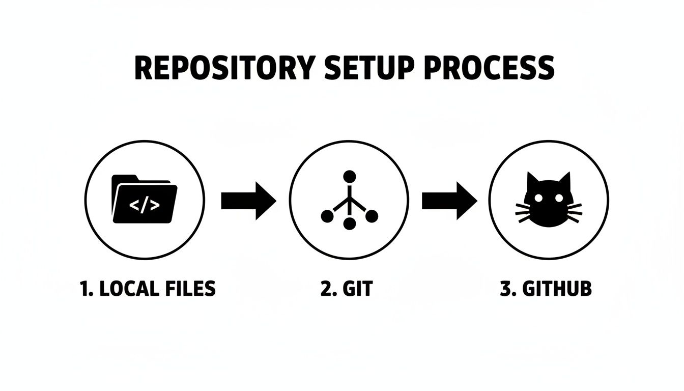 A diagram illustrates the repository setup process from local files to Git and GitHub.