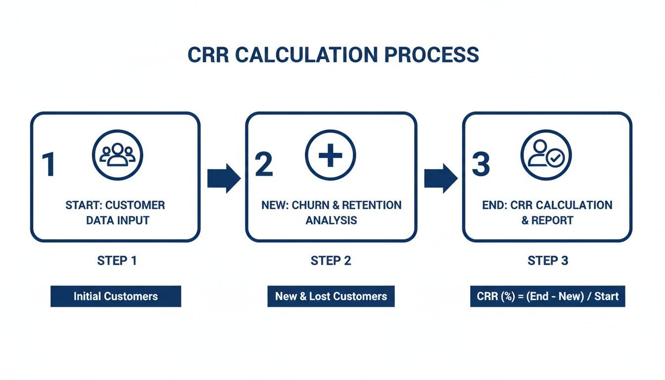 A 3-step process flowchart for CRR calculation, showing data input, analysis, and reporting.