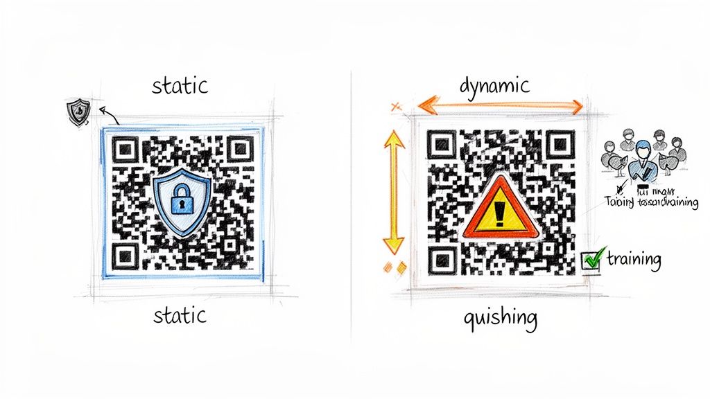 Two QR codes illustrate static (secure) vs. dynamic (quishing) methods, highlighting security and training.