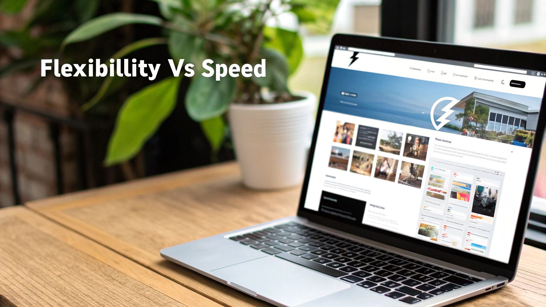 A silver laptop on a wooden table shows a website. 'Flexibility Vs Speed' text is overlaid.