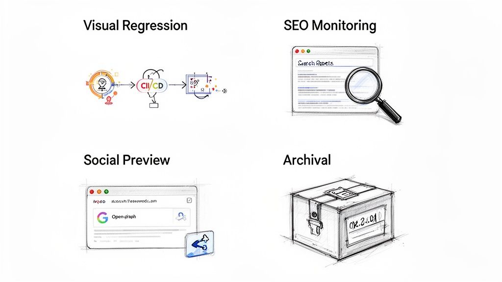 Four sketches illustrating web development features: visual regression, SEO monitoring, social preview, and archival.