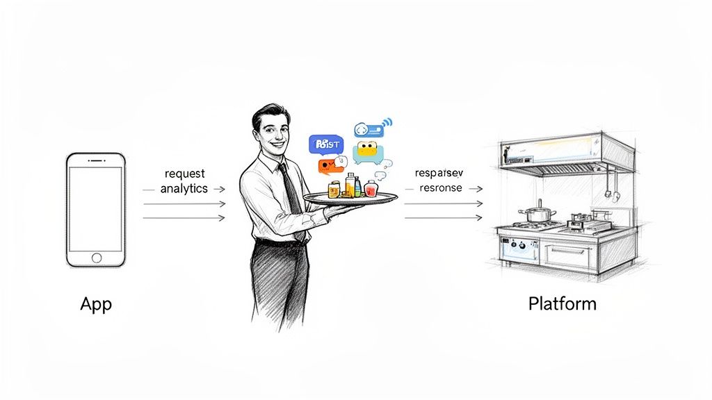Diagram illustrating an app sending analytics requests and receiving responses from a platform via an API.