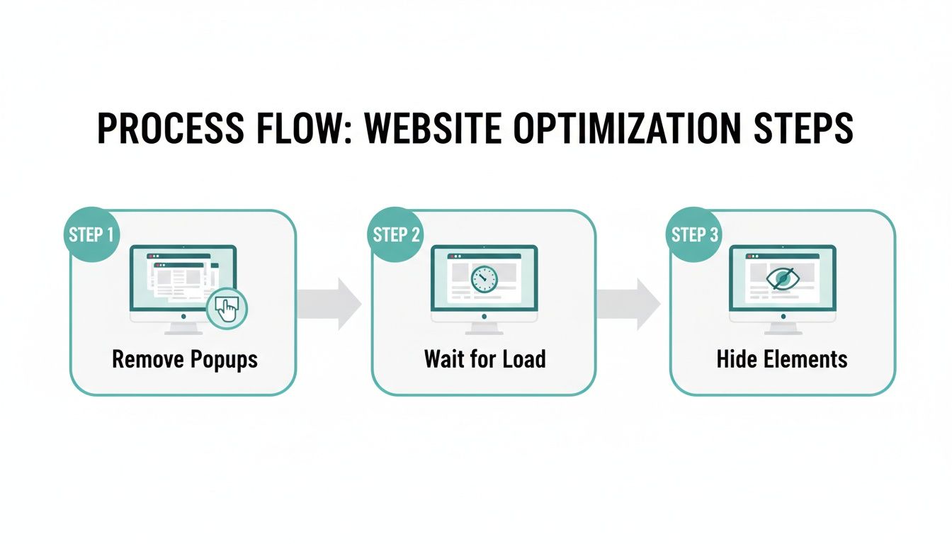 Process flow diagram illustrating website optimization steps including removing popups, waiting for load, and hiding elements.
