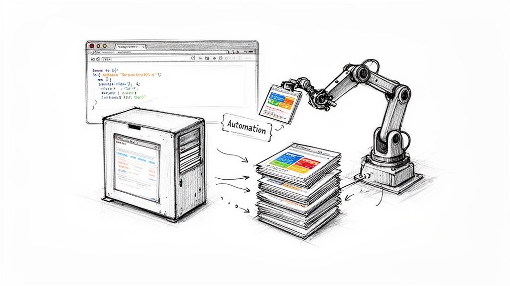 Sketch illustrating robotic process automation, with code, server, robot arm, and automated document generation.