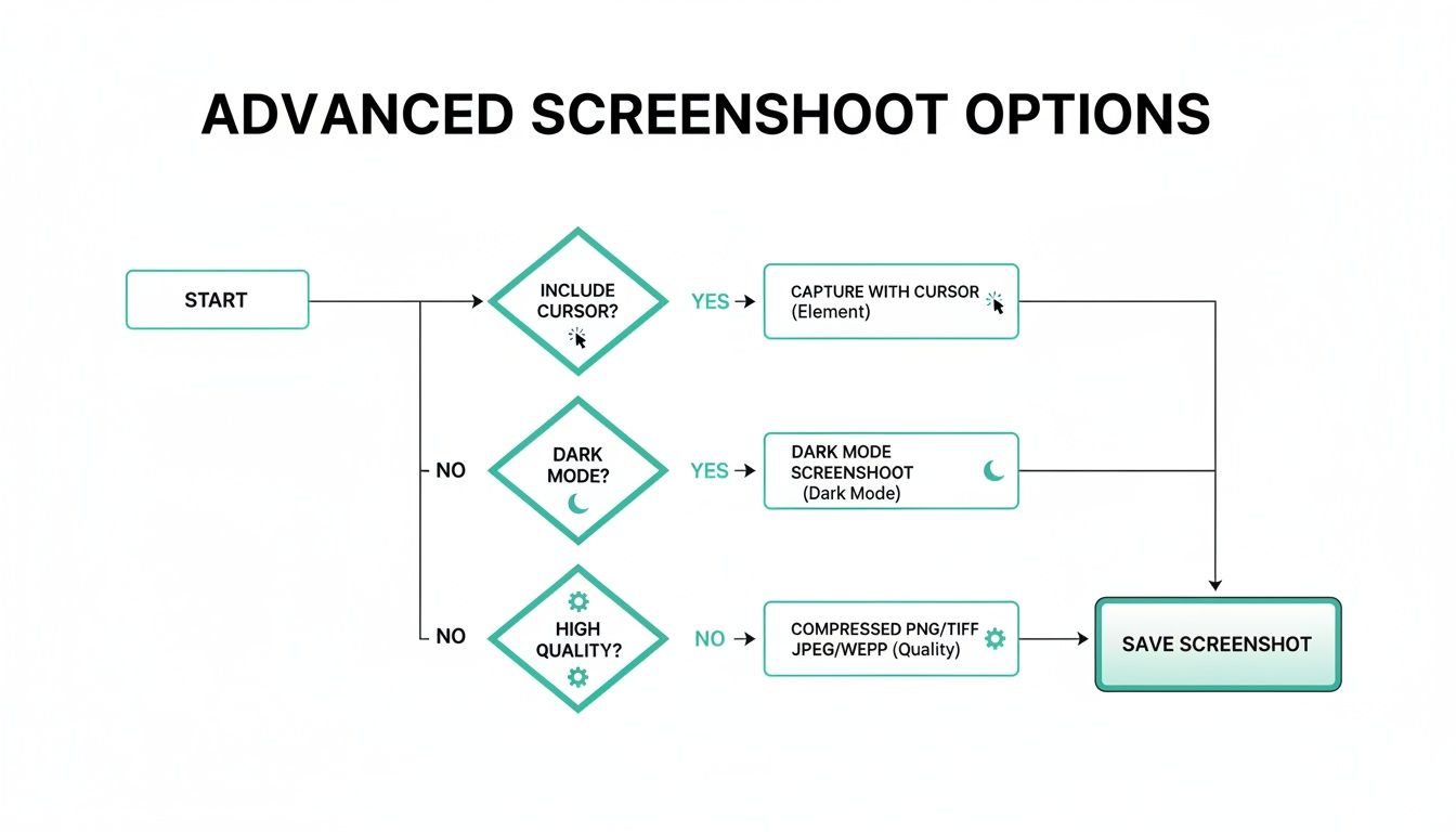 Flowchart illustrating advanced screenshot options, including cursor, dark mode, and quality settings.