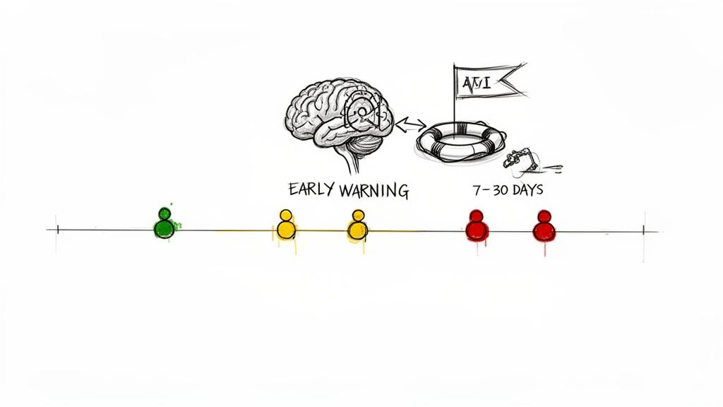 Visual timeline representing early warning signs and intervention over 7-30 days, with brain and lifebuoy icons.