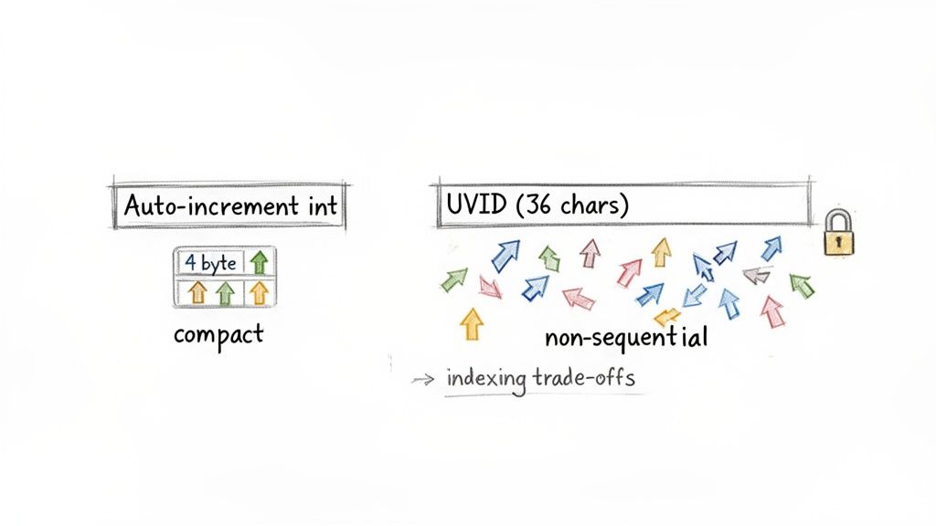 Comparison of auto-increment integers (compact, 4 byte) versus UUIDs (36 chars, non-sequential, indexing trade-offs).