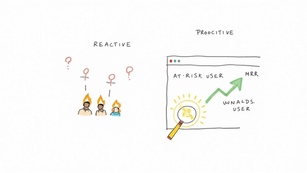 Illustration comparing reactive customer problem-solving with proactive user retention strategies and analytics for MRR growth.