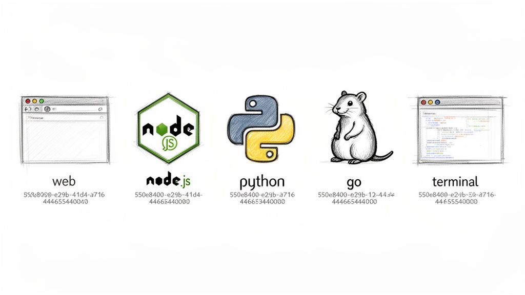 Sketched icons representing web browser, Node.js, Python, Go language, and terminal environments.