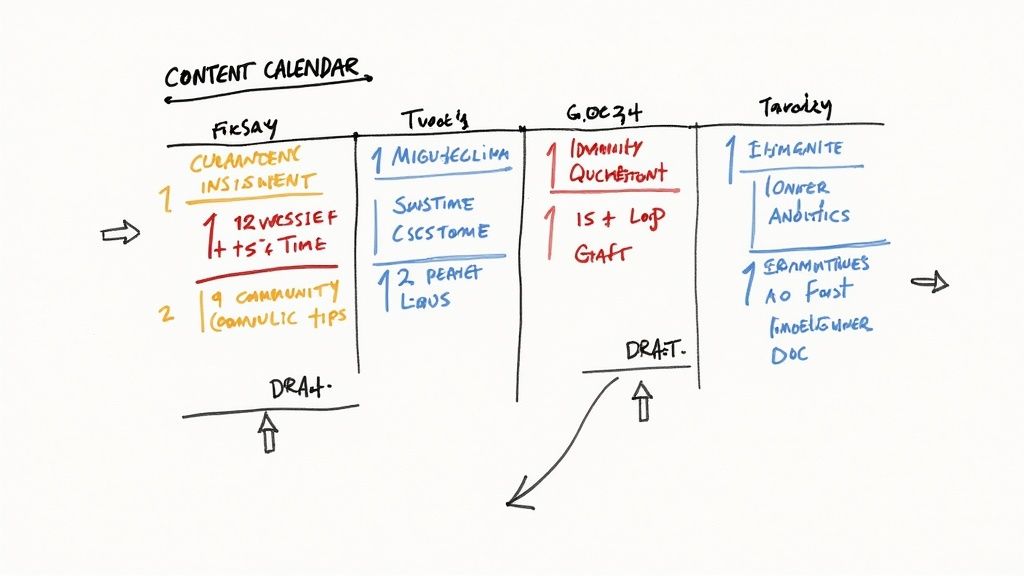 Handwritten content calendar showing tasks and content ideas for different days like FiksAy and Tvook'y.