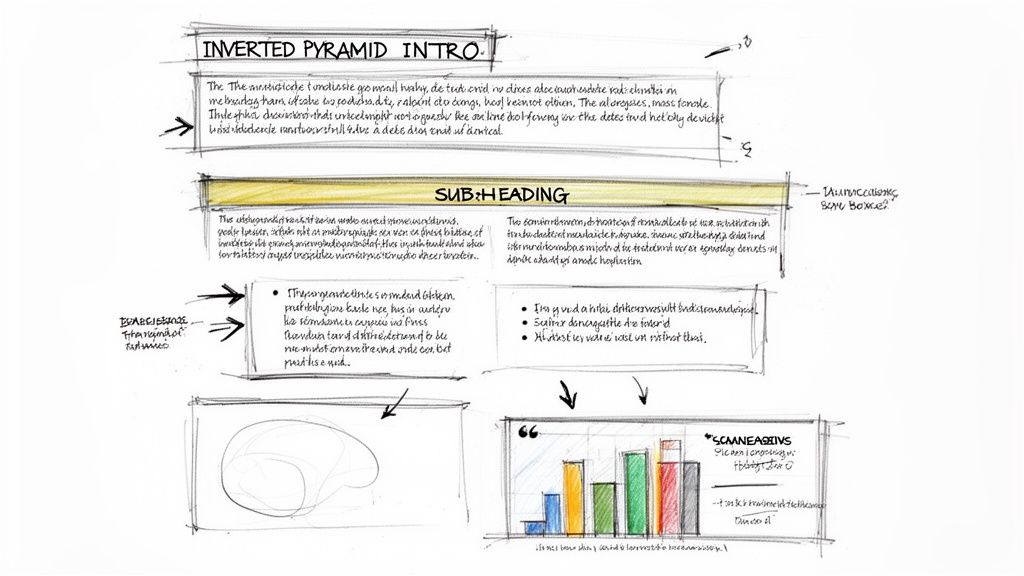 Hand-drawn sketch illustrating an article layout with an inverted pyramid intro, sub-headings, and a bar chart.