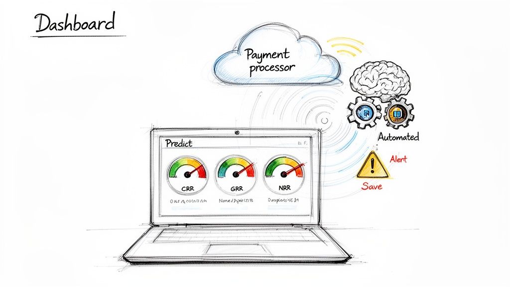 Dashboard displaying predictive customer retention metrics, automated alerts, and payment processing system.