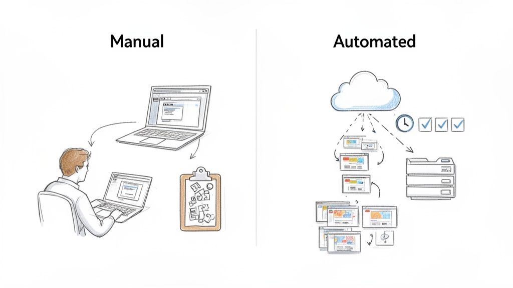 Comparison of manual website interaction with laptops versus automated cloud-based website screenshot capture process.