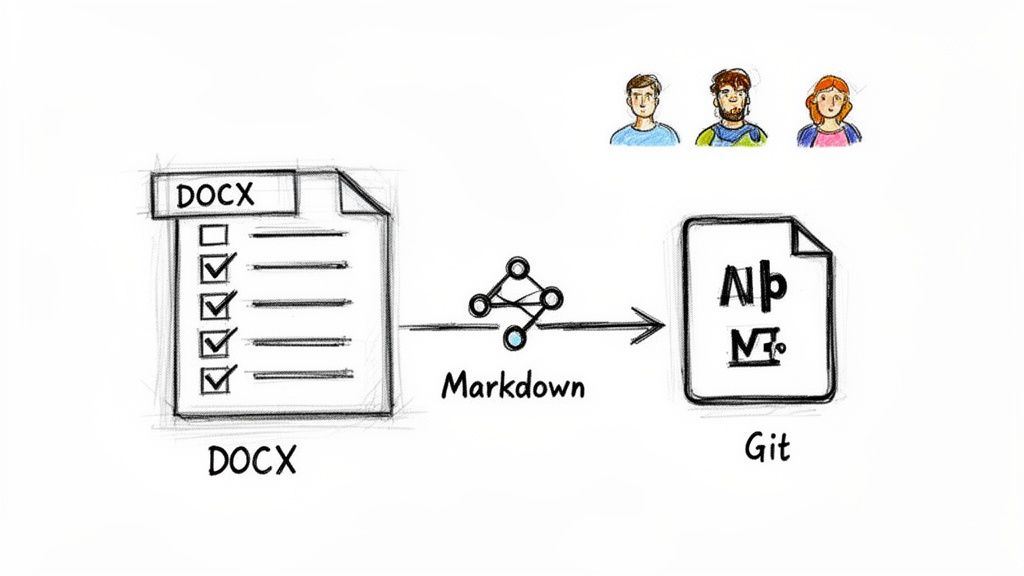 Diagram illustrating the conversion process of a DOCX file to Git via Markdown, with user icons.