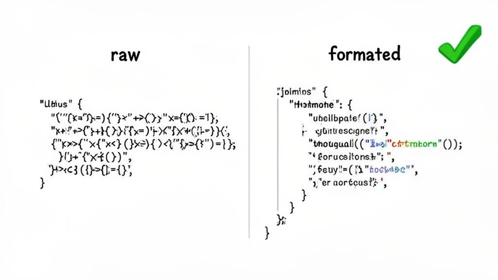 Comparison of unformatted and properly formatted JSON data, illustrating improved readability and structure.