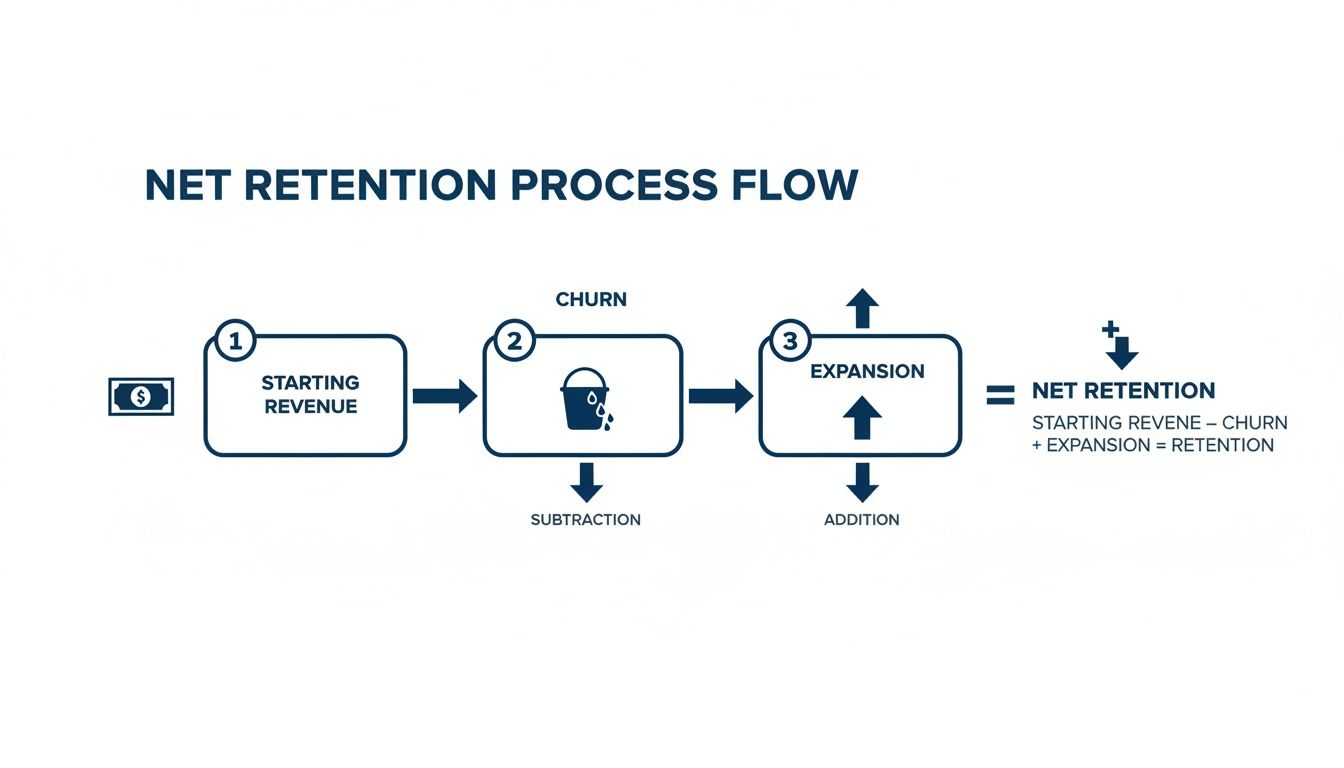 A process flow diagram illustrating net retention: starting revenue, churn (subtraction), expansion (addition), and the formula for net retention.