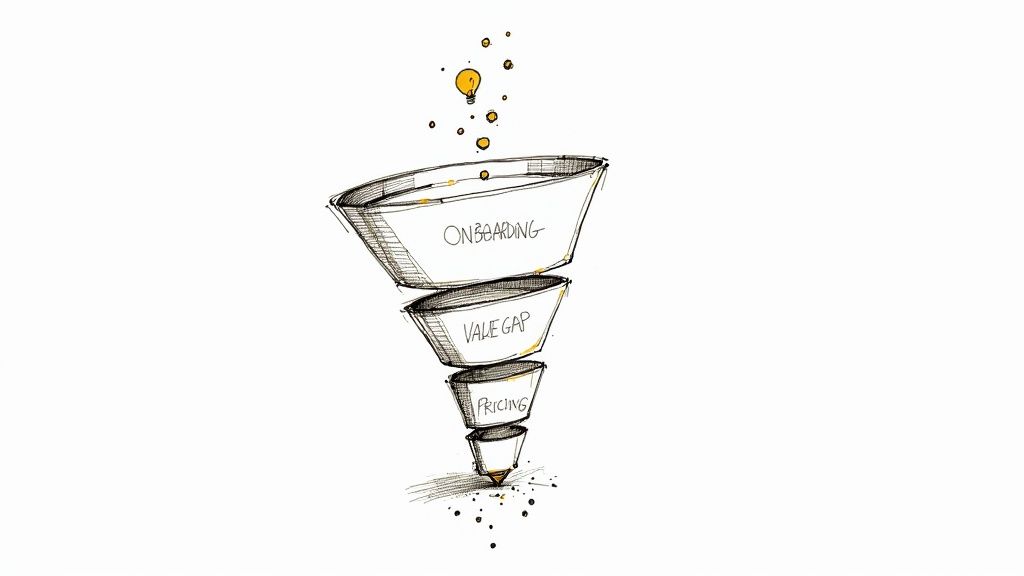 An illustration of a business funnel diagram with stages: Onboarding, Value Gap, and Pricing.