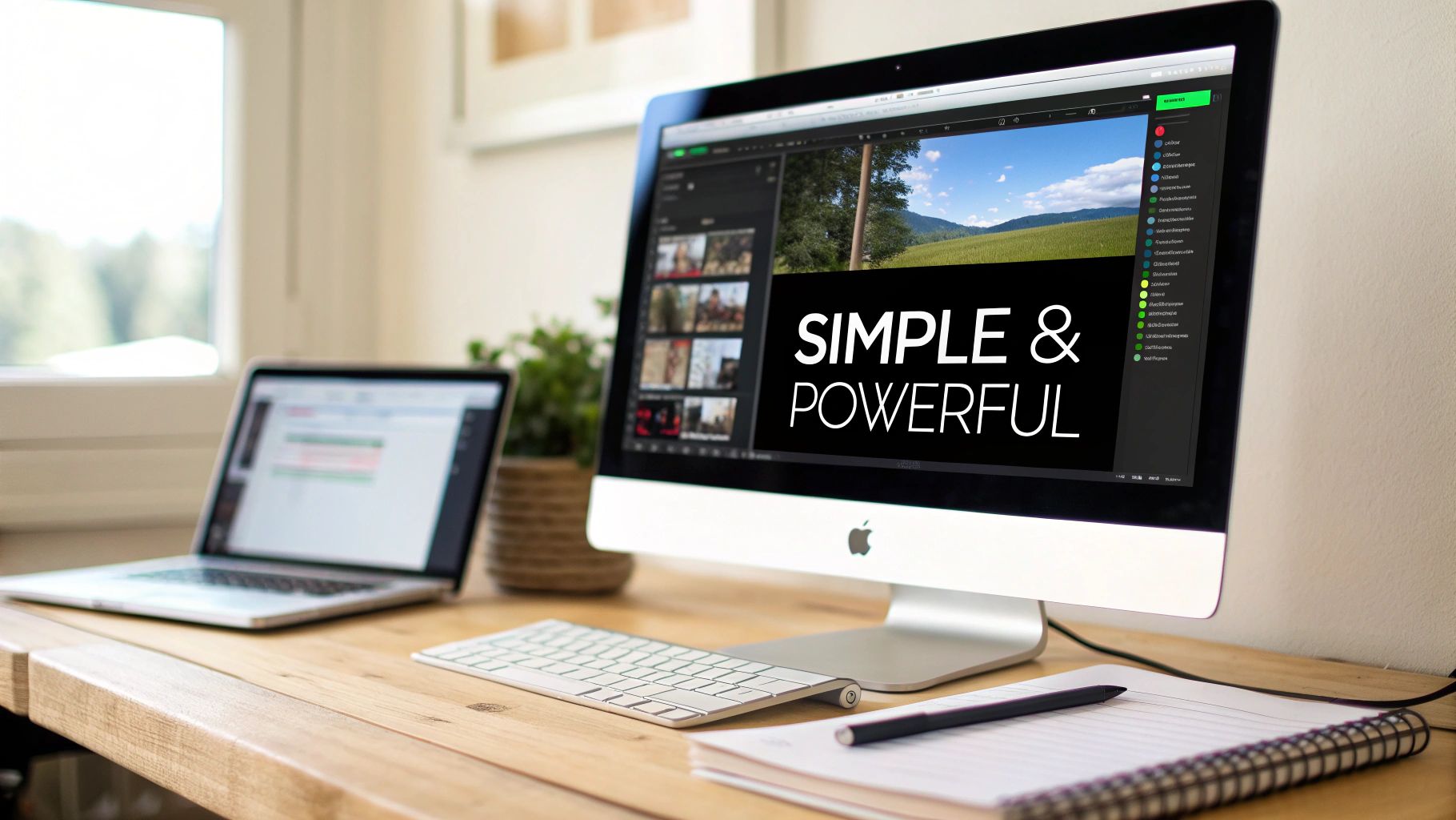 Modern workspace with an iMac displaying video editing software, a MacBook, keyboard, and notebook on a wooden desk.