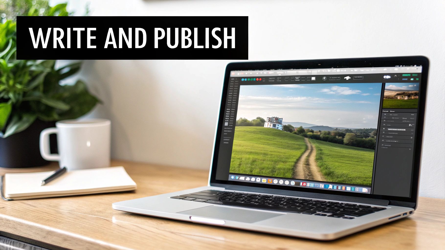 A laptop on a wooden desk displaying photo editing software, alongside a notebook, pen, and coffee mug. Text reads 'WRITE AND PUBLISH'.