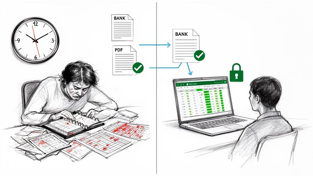 Manual bank statement reconciliation versus automated PDF to Excel conversion for efficiency.