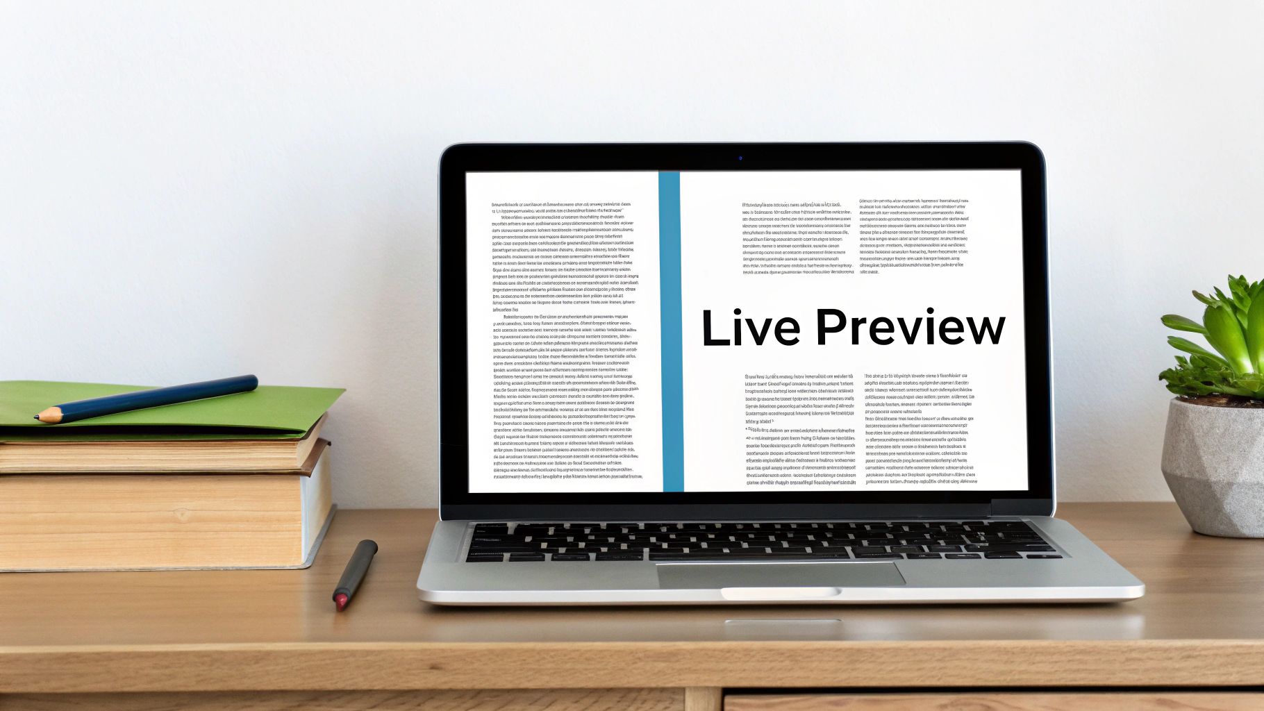 Laptop displaying 'Live Preview' of text, next to stacked books, a blue pencil, and a pen on a wooden desk.