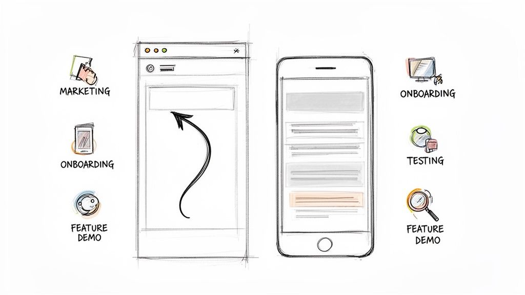 Hand-drawn illustration of a desktop browser and mobile screen, showing stages like marketing, onboarding, and feature demos.