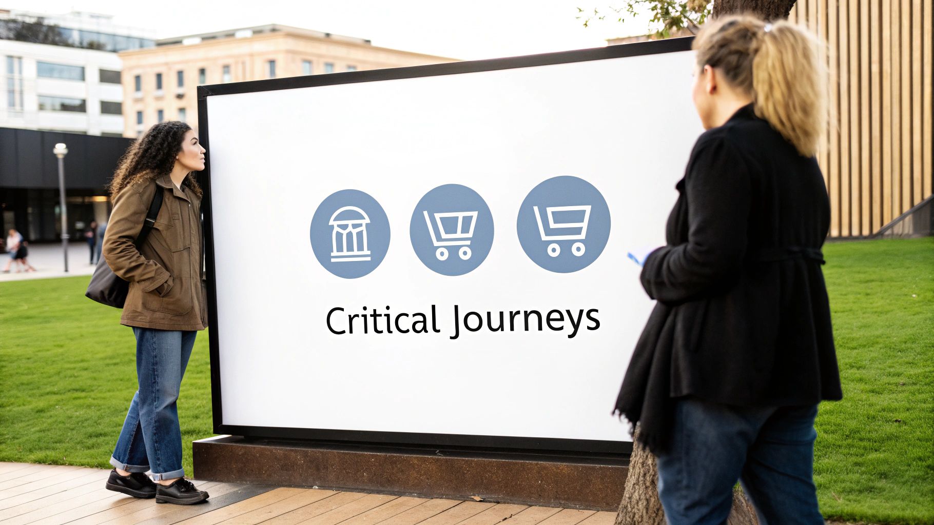 Two women examine a large outdoor display showing 'Critical Journeys' text and related icons.
