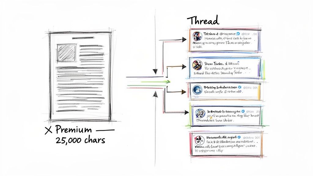 Diagram illustrating how a 25,000-character premium document can be broken into a social media tweet thread.