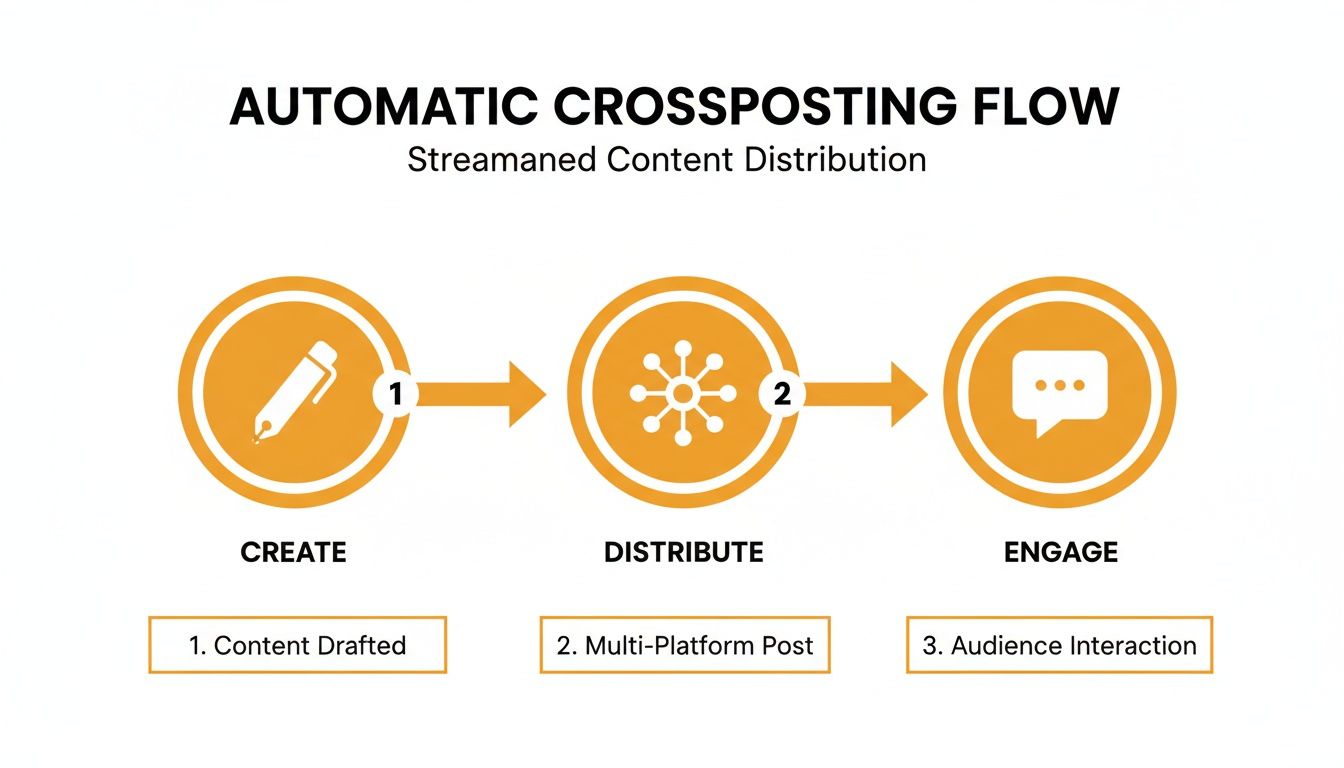 Flowchart illustrating the automatic crossposting process: create, distribute content across platforms, and engage with the audience.