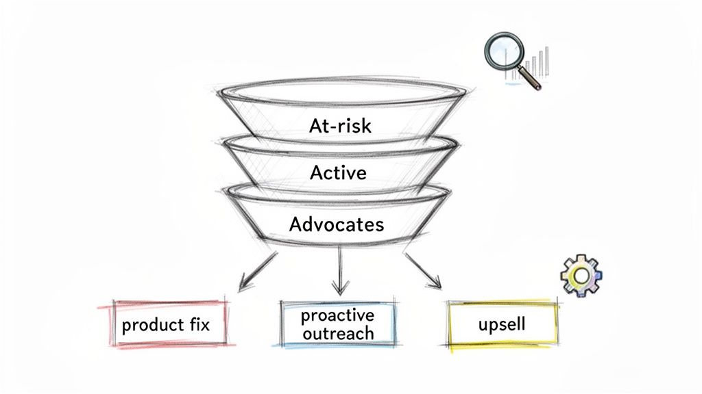 Diagram showing customer segments (At-risk, Active, Advocates) in a funnel, with corresponding retention strategies.