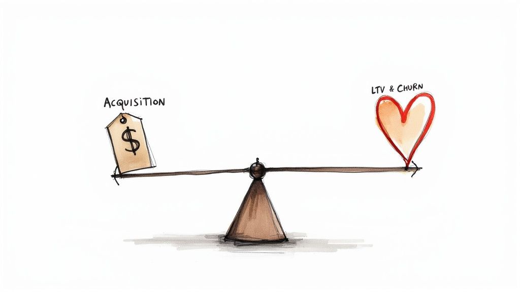 A balance scale depicts 'Acquisition' with a price tag weighing down 'LTV & CHURN' symbolized by a heart.