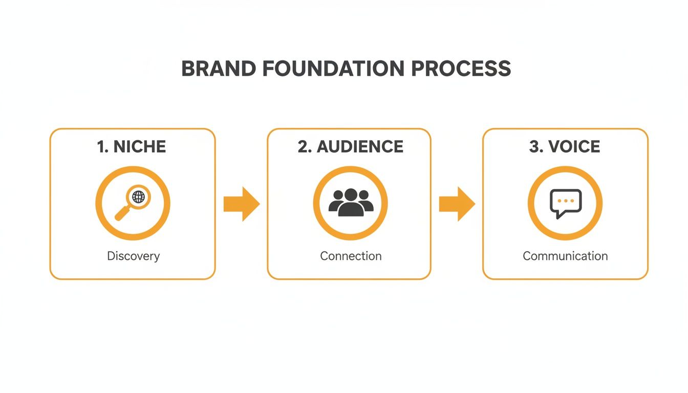A brand foundation process diagram outlining three steps: Niche (Discovery), Audience (Connection), and Voice (Communication).