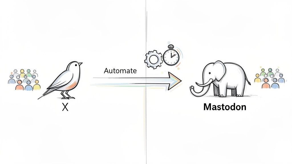 Diagram showing automated content migration from X (Twitter bird) to Mastodon (elephant), connecting audiences.