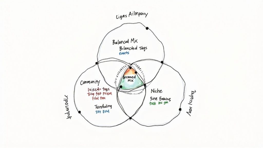 Venn diagram illustrating effective hashtag strategies with balanced, community, and niche categories.