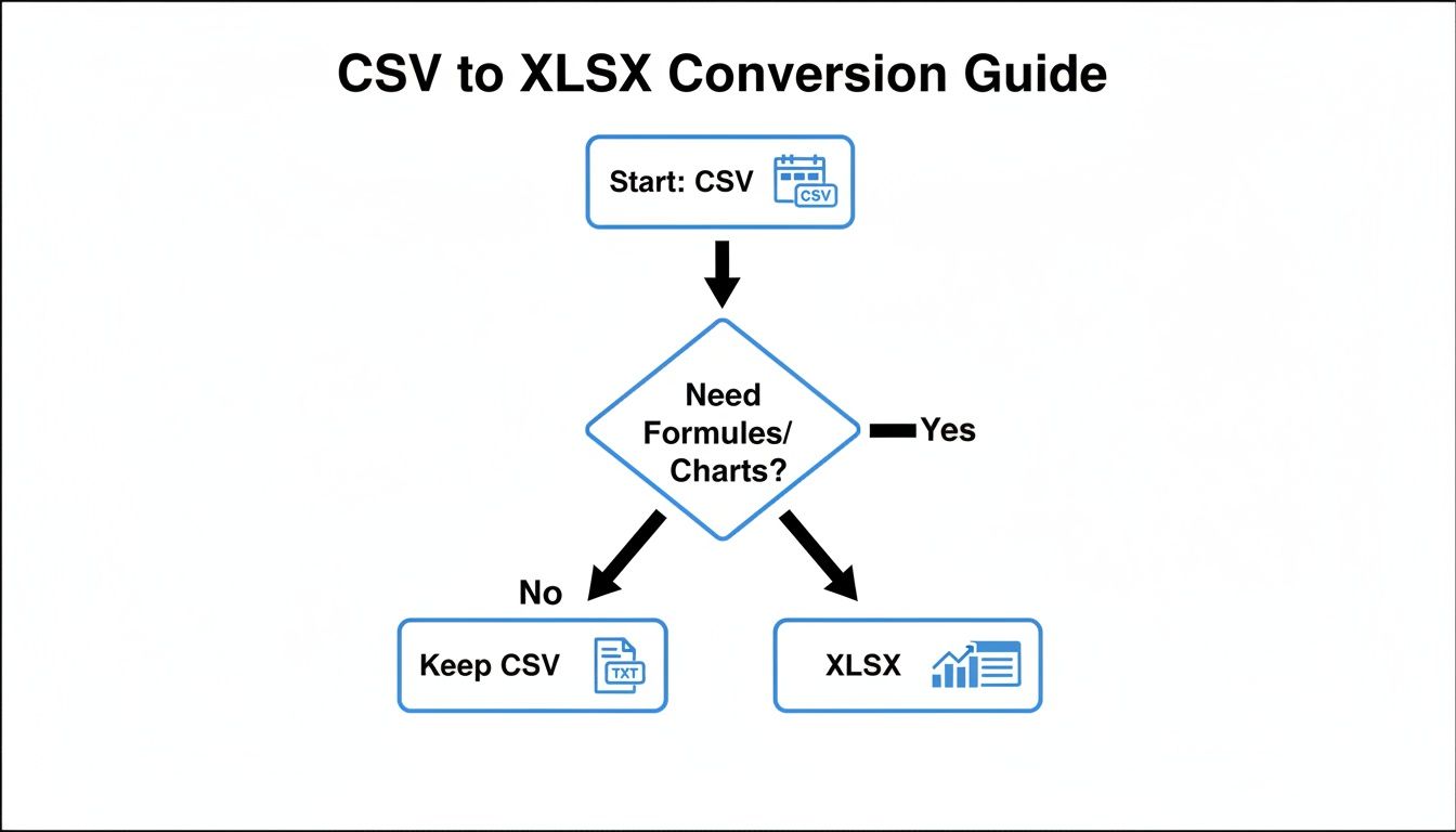 Flowchart illustrating a CSV to XLSX conversion guide, based on the need for formulas or charts.