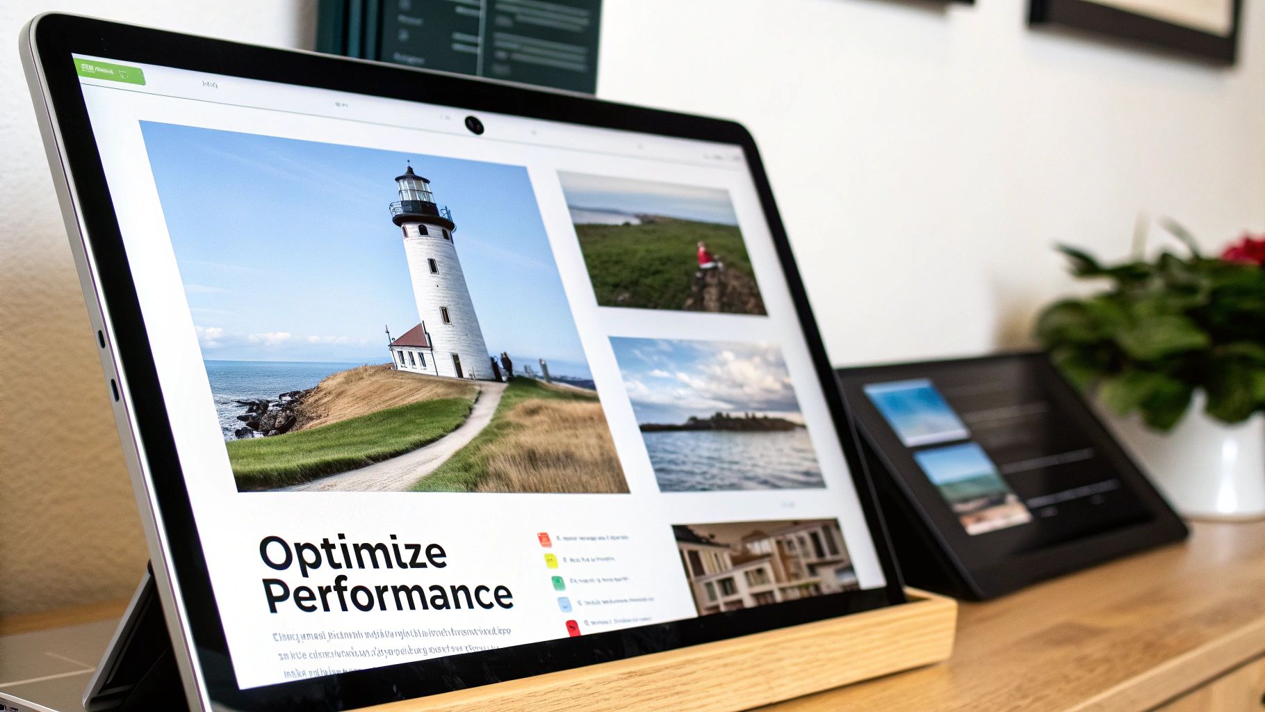 A tablet displays a webpage showing a lighthouse by the sea and other landscape photos, with text 'Optimize Performance'.