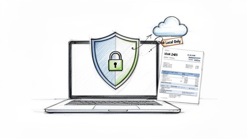 A sketch of a laptop with a security shield and padlock, indicating local-only storage for a bank statement.