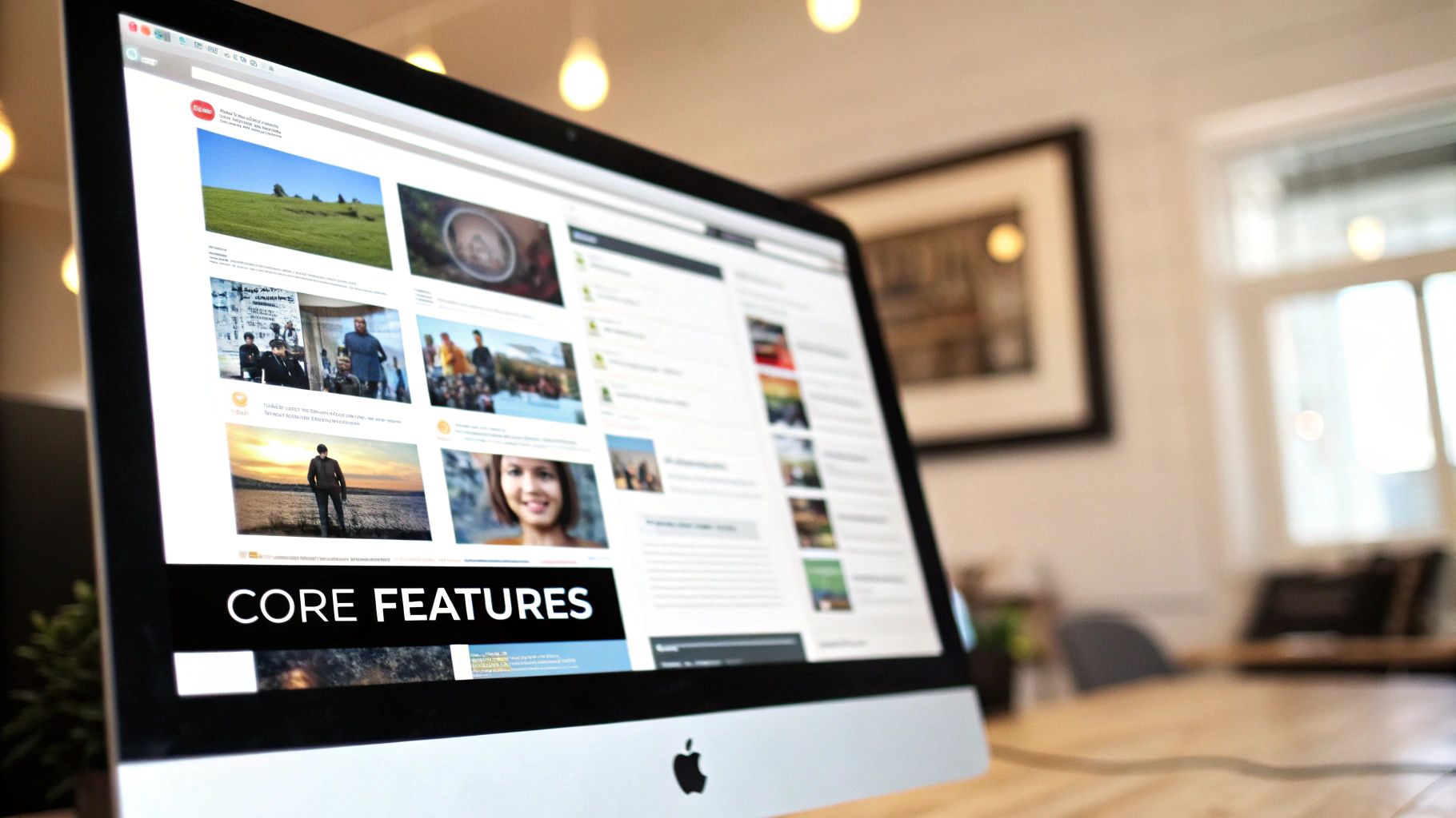 An Apple iMac desktop computer displaying a content-rich website with various images and 'CORE FEATURES' text.