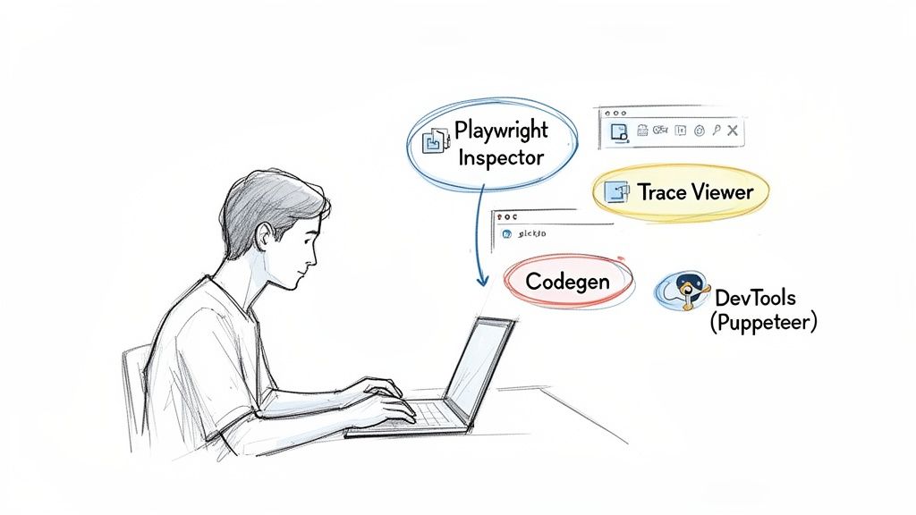 A developer coding on a laptop, illustrating Playwright Inspector, Codegen, Trace Viewer, and DevTools (Puppeteer).