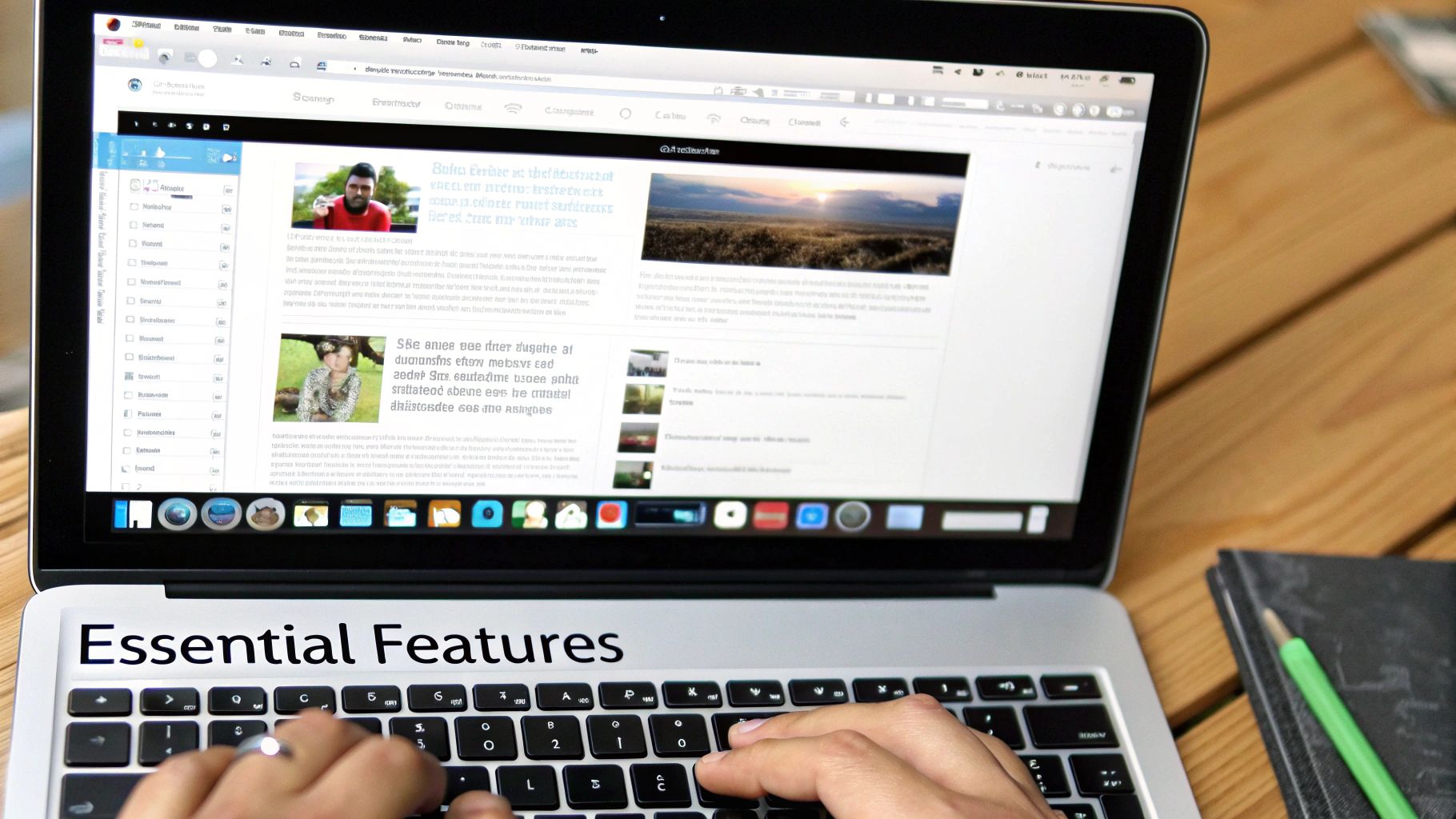 A person types on a laptop screen displaying an online editor, with a notebook nearby.