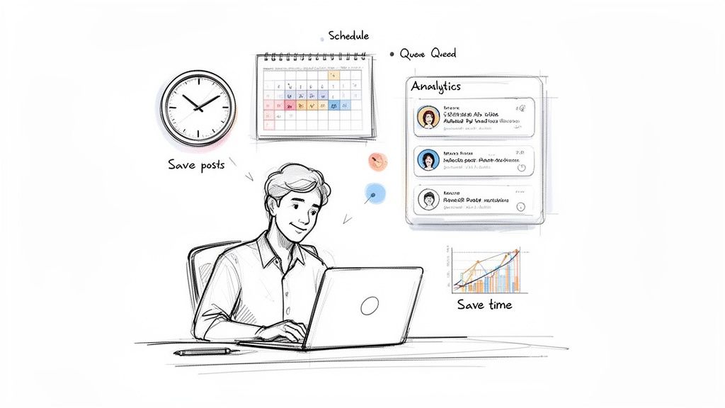 A man using a laptop for efficient content scheduling, post management, and analytics dashboard review.