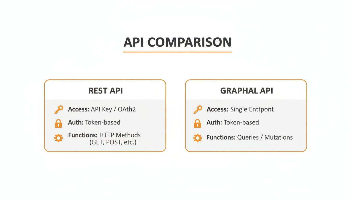 A comparison chart highlighting key features of REST API versus GraphQL API, covering access, authentication, and functions.