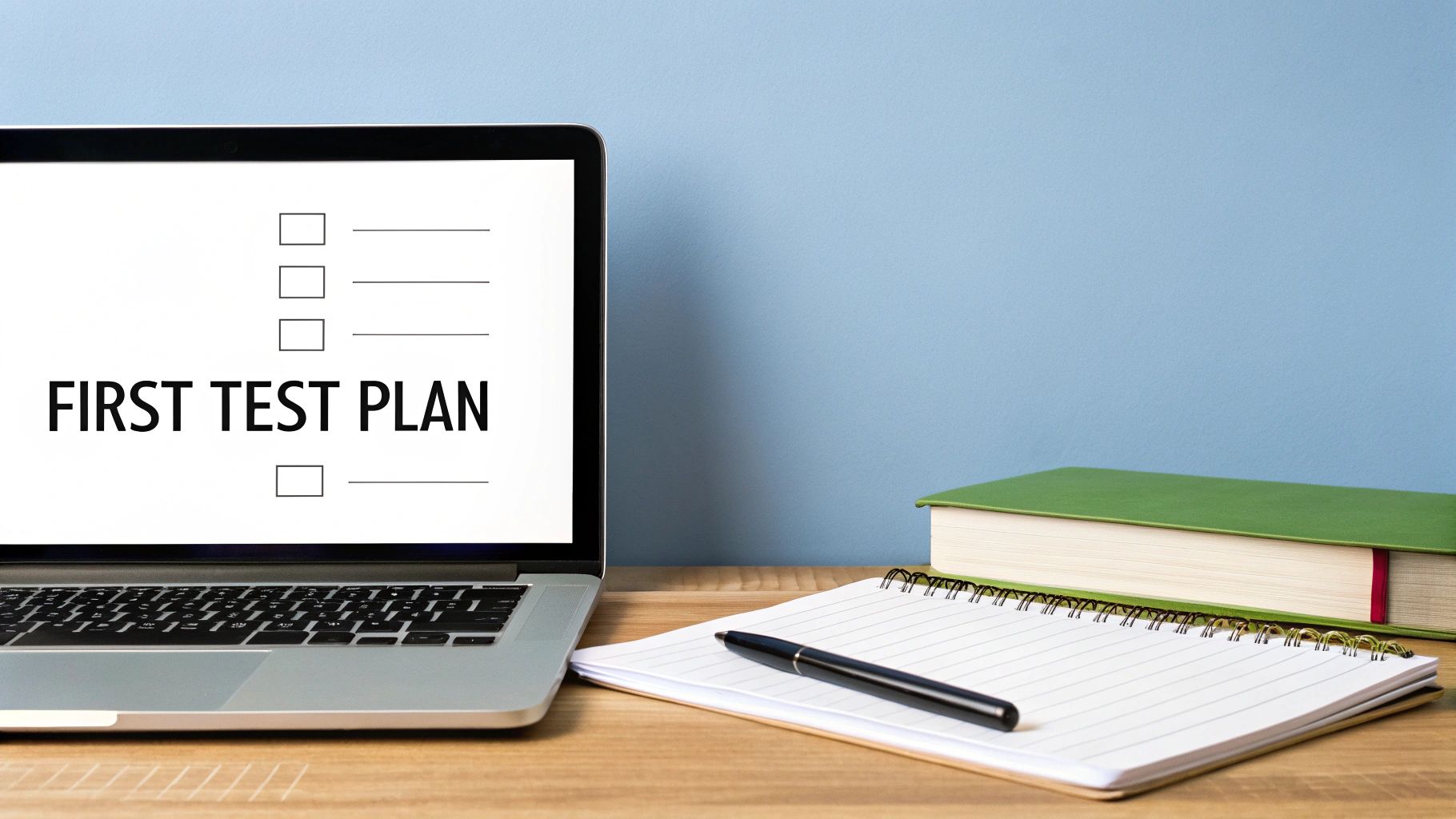A laptop displays 'FIRST TEST PLAN' with checkboxes, next to a notebook, pen, and green book on a desk.