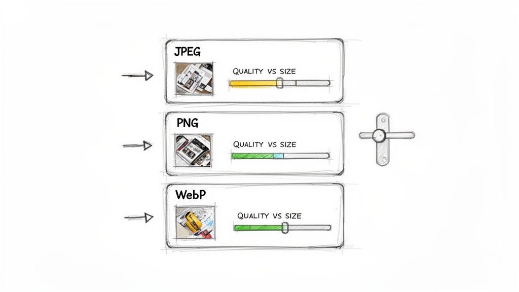 Diagram illustrating quality vs. size trade-offs for JPEG, PNG, and WebP image formats.